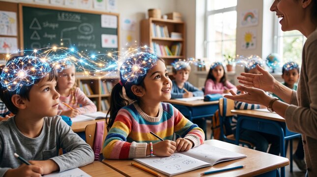 Teacher and student in classroom with glowing brain symbol. Child learning with digital connection. Educational technology, creative thinking and intelligence concept for modern school.