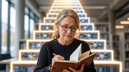 Fototapeta premium Mature woman writing in notebook with glowing neural network stairs background. Concept of memory improvement, brain training, active aging and education. Wisdom and cognitive health.