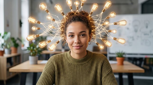 Woman with glowing light bulbs around head representing creative idea. Innovative thinking and brainstorming concept. Strategy development and solution finding in modern office environment.