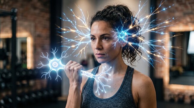 Woman athlete lifting glowing digital neuron as dumbbell. Connection between physical exercise and brain health. Concept of mental focus, cognitive science and neurology in fitness training.