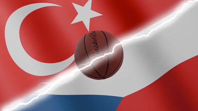 Spinning basketball ball against waving flags Czechia and Turkey separated by a diagonal electric effect, seamless 4k loop