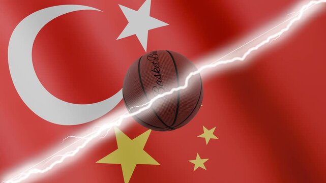 Spinning basketball ball against waving flags China and Turkey separated by a diagonal electric effect, seamless 4k loop