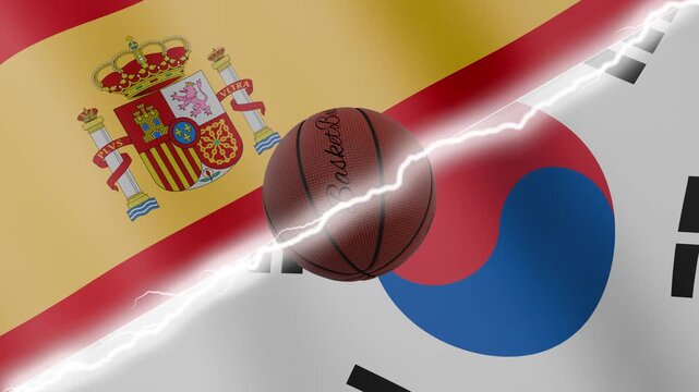 Spinning basketball ball against waving flags South Korea and Spain separated by a diagonal electric effect, seamless 4k loop