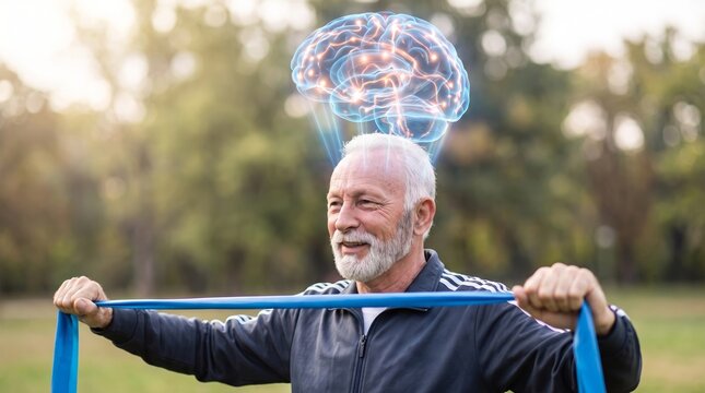 Elderly man exercising with elastic band. Mental health and cognitive function improvement during physical activity. Digital brain hologram representing neurology, memory, and fit lifestyle.