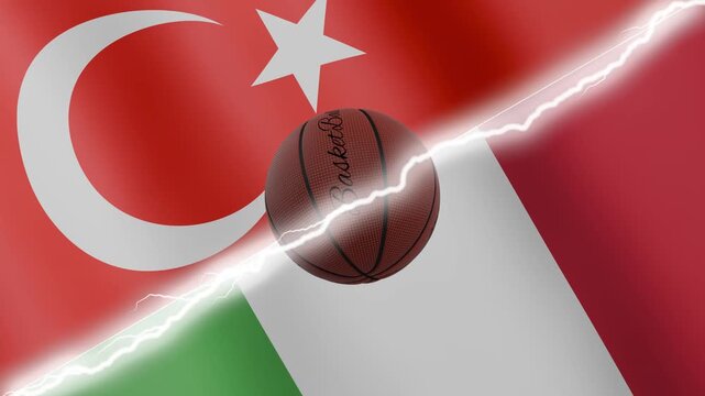 Spinning basketball ball against waving flags Italy and Turkey separated by a diagonal electric effect, seamless 4k loop