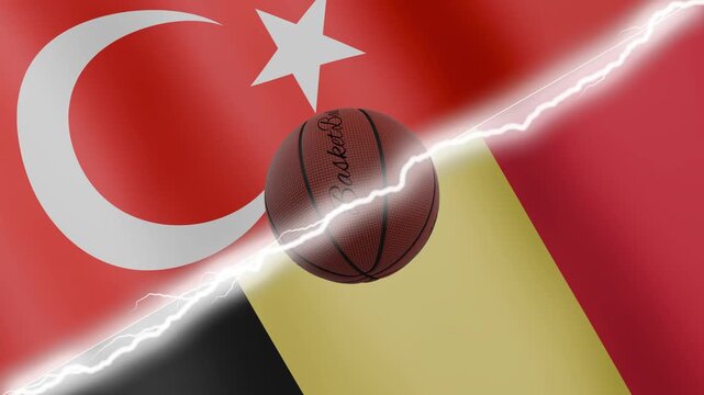 Spinning basketball ball against waving flags Belgium and Turkey separated by a diagonal electric effect, seamless 4k loop