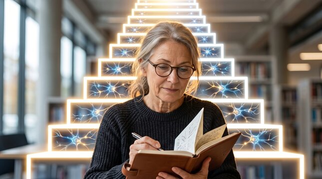 Mature woman writing in notebook with glowing neural network stairs background. Concept of memory improvement, brain training, active aging and education. Wisdom and cognitive health.