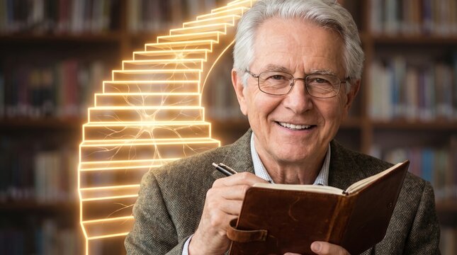Elderly man writing in notebook with glowing neural staircase symbol. Senior scholar gaining wisdom and knowledge. Educational growth, personal development and lifelong learning concept.