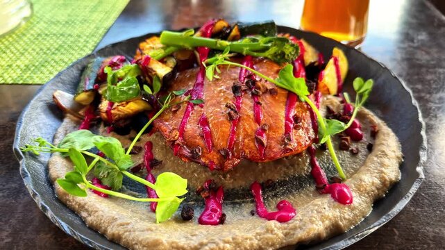 Camera slowly pulls back from gourmet plated salmon dish with beetroot sauce roasted vegetables and beer