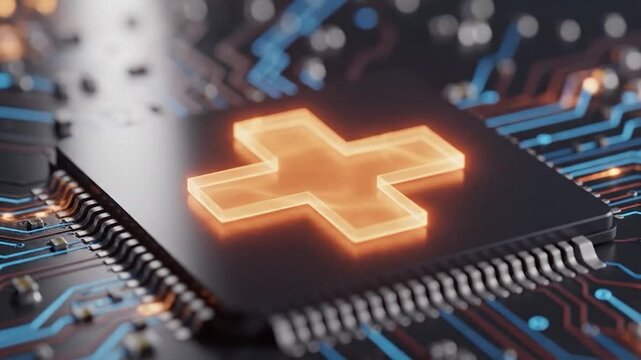 Medical cross glowing on microchip processor with blue circuit lines