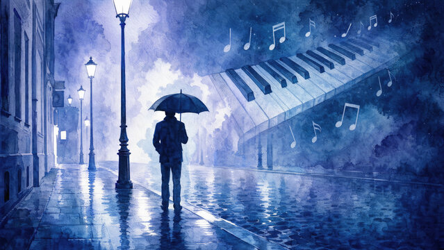 Man Walking in Rainy City with Floating Piano Keys and Music Notes, Fantasy Watercolor