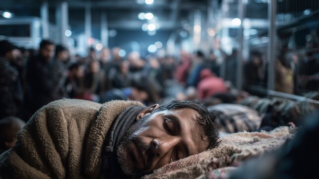 Sleeping migrant on a blanket inside a crowded shelter, with blurred crowd and bunks behind, showing displacement, policy reform, and humanitarian aid.