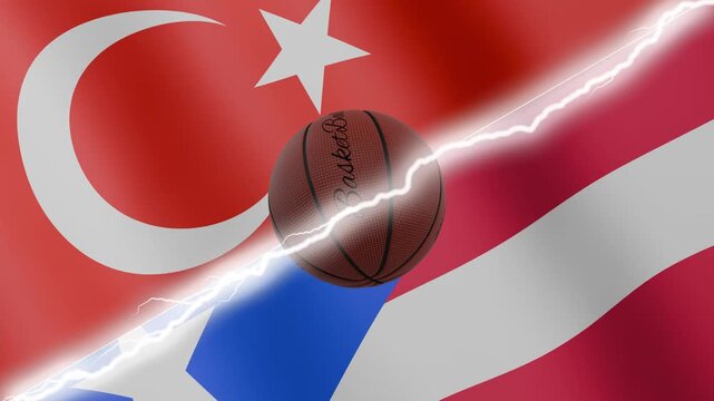 Spinning basketball ball against waving flags Puerto Rico and Turkey separated by a diagonal electric effect, seamless 4k loop