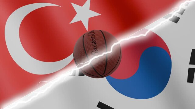 Spinning basketball ball against waving flags South Korea and Turkey separated by a diagonal electric effect, seamless 4k loop