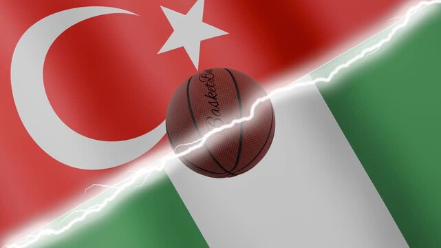 Spinning basketball ball against waving flags Nigeria and Turkey separated by a diagonal electric effect, seamless 4k loop