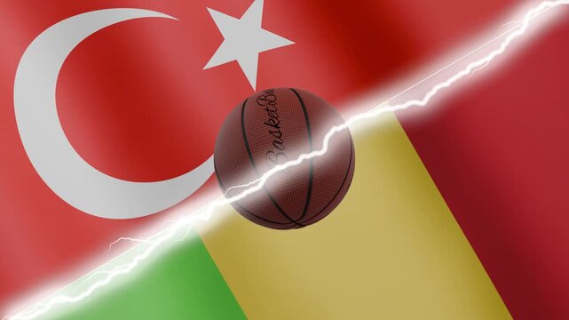 Spinning basketball ball against waving flags Mali and Turkey separated by a diagonal electric effect, seamless 4k loop