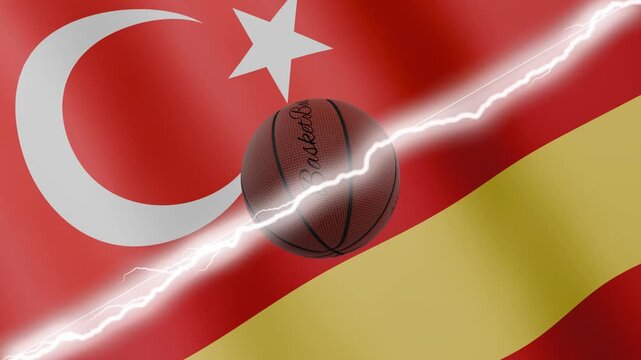 Spinning basketball ball against waving flags Spain and Turkey separated by a diagonal electric effect, seamless 4k loop