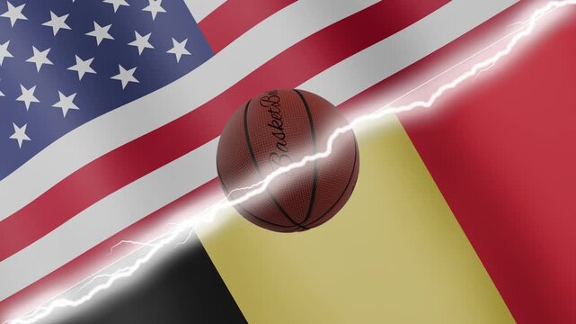 Spinning basketball ball against waving flags Belgium and United States of America separated by a diagonal electric effect, seamless 4k loop