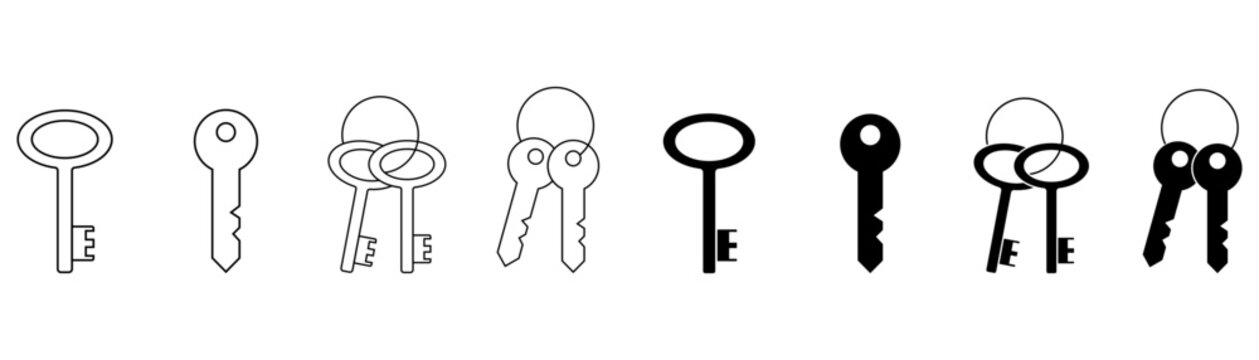 Title:
Skeleton Key and Classic Door Key Icon Set in Outline and Glyph Style for Security, Access Control and Authentication