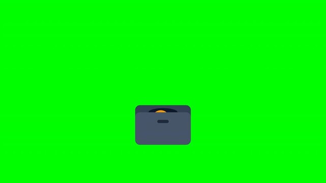 Pixel art animation of gold coins dropping into a dark blue wallet on green screen, saving money