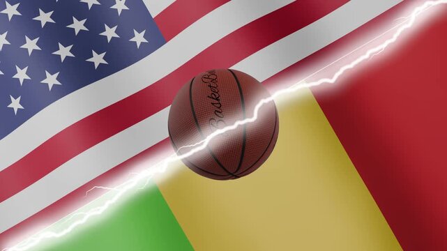 Spinning basketball ball against waving flags Mali and United States of America separated by a diagonal electric effect, seamless 4k loop