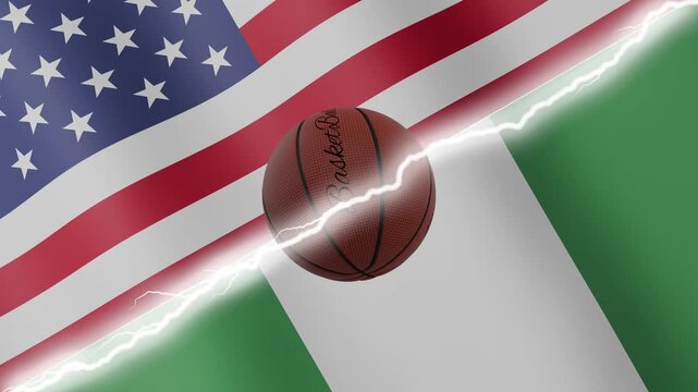 Spinning basketball ball against waving flags Nigeria and United States of America separated by a diagonal electric effect, seamless 4k loop