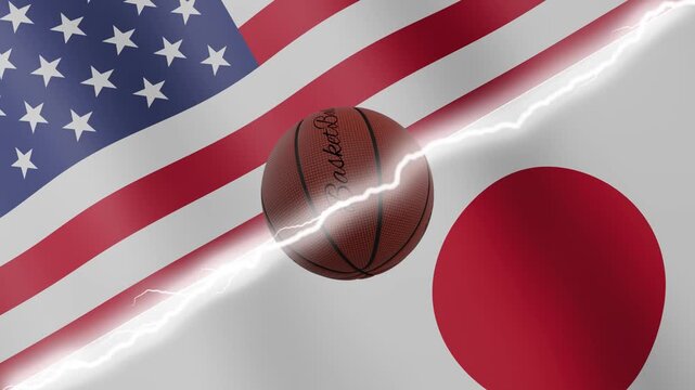 Spinning basketball ball against waving flags Japan and United States of America separated by a diagonal electric effect, seamless 4k loop