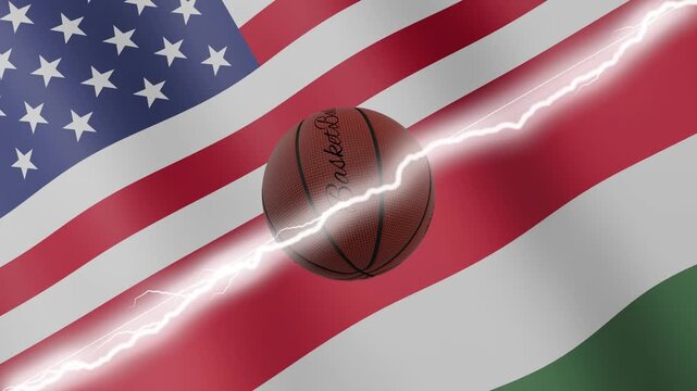 Spinning basketball ball against waving flags Hungary and United States of America separated by a diagonal electric effect, seamless 4k loop