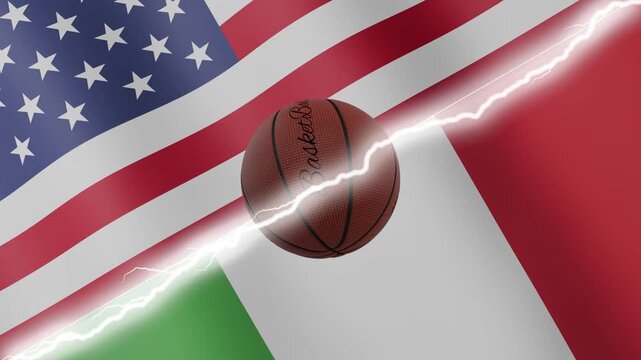 Spinning basketball ball against waving flags Italy and United States of America separated by a diagonal electric effect, seamless 4k loop