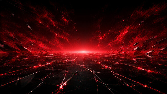 Abstract futuristic background featuring a glowing red energy portal with shattered glass particles, digital network lines, and reflective surface. Ideal for AI, cybersecurity, technology, sci-fi, gam