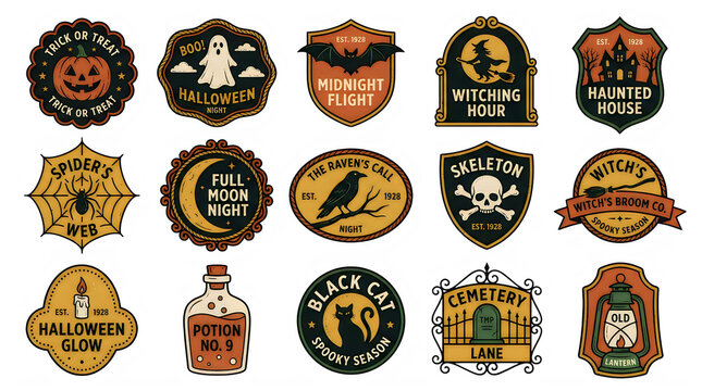 Set of fifteen vintage style halloween badges and emblems with spooky holiday symbols like ghosts pumpkins bats and tombstones in a retro orange and black color palette for festive party designs