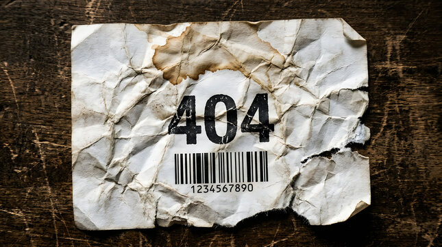 Crumpled paper scrap labeled 404 error code and barcode on dark wood surface with crumpled, internet