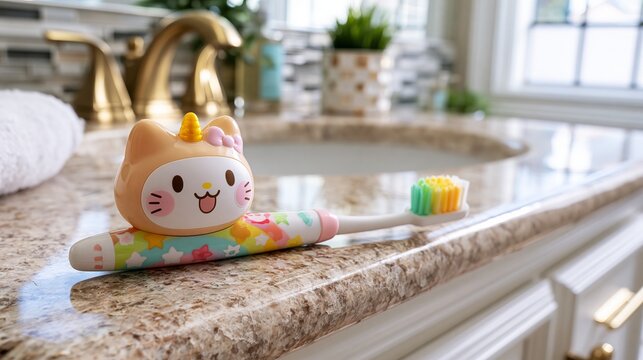 A whimsical unicorn bath toy sits playfully beside a toothbrush and toothpaste on a marble countertop, creating a charming bathroom scene