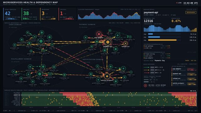 Explore a dark mode microservices health and dependency map featuring a detailed service dependency graph with color-coded arrows indicating error rates and service metrics.