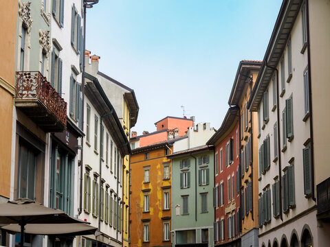 Historic buildings along via XX Settembre in Bergamo, Italy