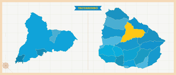 Fototapeta premium Tacuarembó Department Highlighted in Uruguay Map, Modern Uruguay and Tacuarembó Administrative Map, Colorful High Detailed Vector with Geographical Borders 