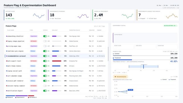 A sleek feature flag and experimentation dashboard in light mode displaying key metrics and detailed experiment insights for product analytics and performance evaluation.