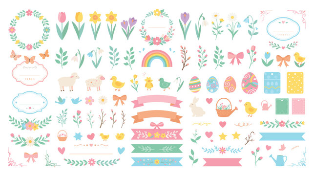 Colorful spring garden and easter holiday clip art set.