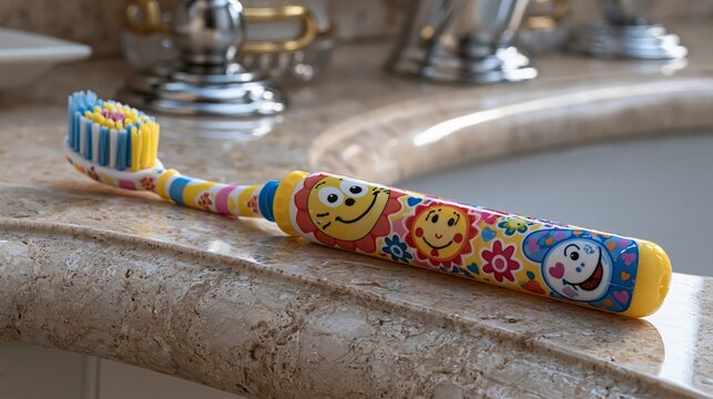 A colorful children's toothbrush rests on a marble bathroom countertop, showcasing playful design and promoting healthy oral hygiene habits for kids
