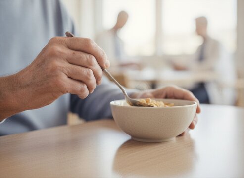 Elderly man eating cereal from bowl with spoon for breakfast. Senior person having healthy meal at table. Lifestyle of retired individual staying independent, nutrition and care concept.