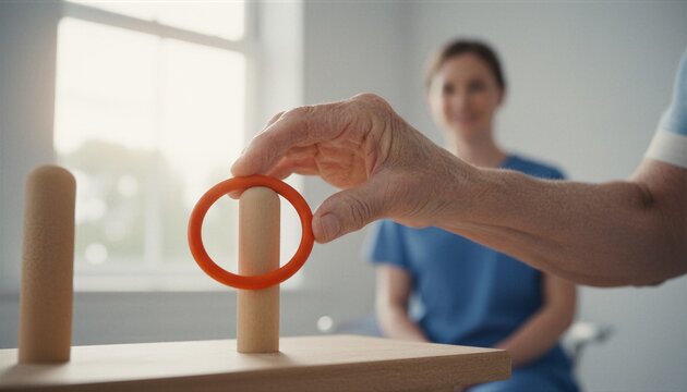Elderly woman performs physical therapy exercise with wooden toy. Senior patient recovering motor skills with occupational therapist. Rehabilitation session for stroke recovery and health.