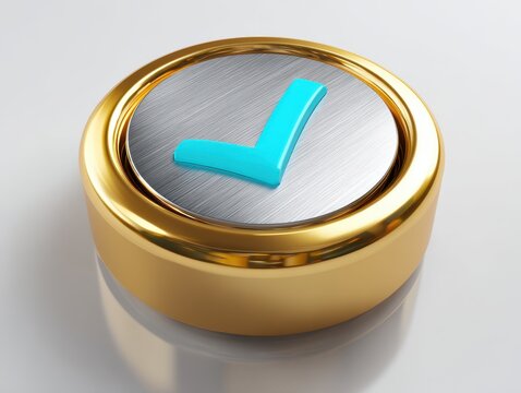 Gold button with a blue check mark isolated on white background