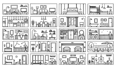 Fototapeta premium Set of hand drawn interior room icons featuring living rooms kitchens bedrooms bathrooms and various home spaces