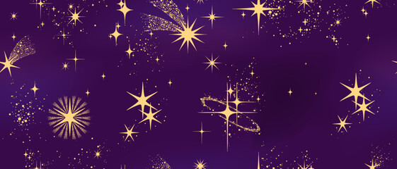 Obraz premium Christmas star seamless pattern, magic fantasy repeat background, celebration spark cosmic print. New Year stardust shiny wallpaper, festive doodle wrapping paper design. Night sky Christmas pattern