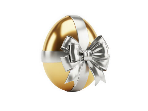 Shiny gold easter egg with a silver ribbon bow isolated on transparent background