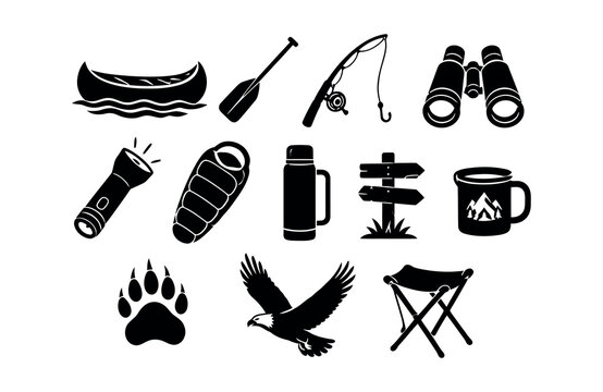 Outdoor camping and adventure equipment icons set with canoe fishing rod flashlight sleeping bag