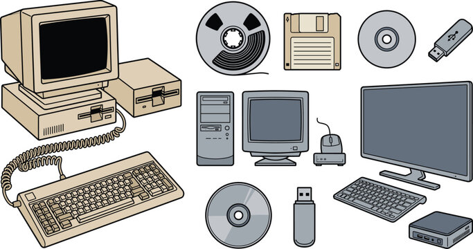 Retro and Modern Computer Evolution Vector Icon Set with Vintage PC, Floppy Disk, Cassette Tape, CD, Flash Drive, and Modern Desktop Monitor
