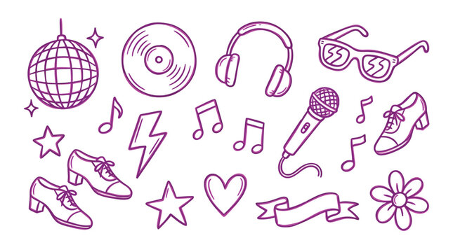 Collection of hand-drawn doodle icons representing music, dance, and celebration elements.