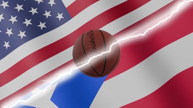 Spinning basketball ball against waving flags Puerto Rico and United States of America separated by a diagonal electric effect, seamless 4k loop