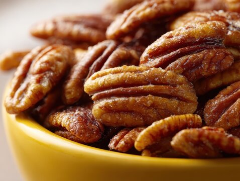 Closeup of roasted pecans in a yellow bowl